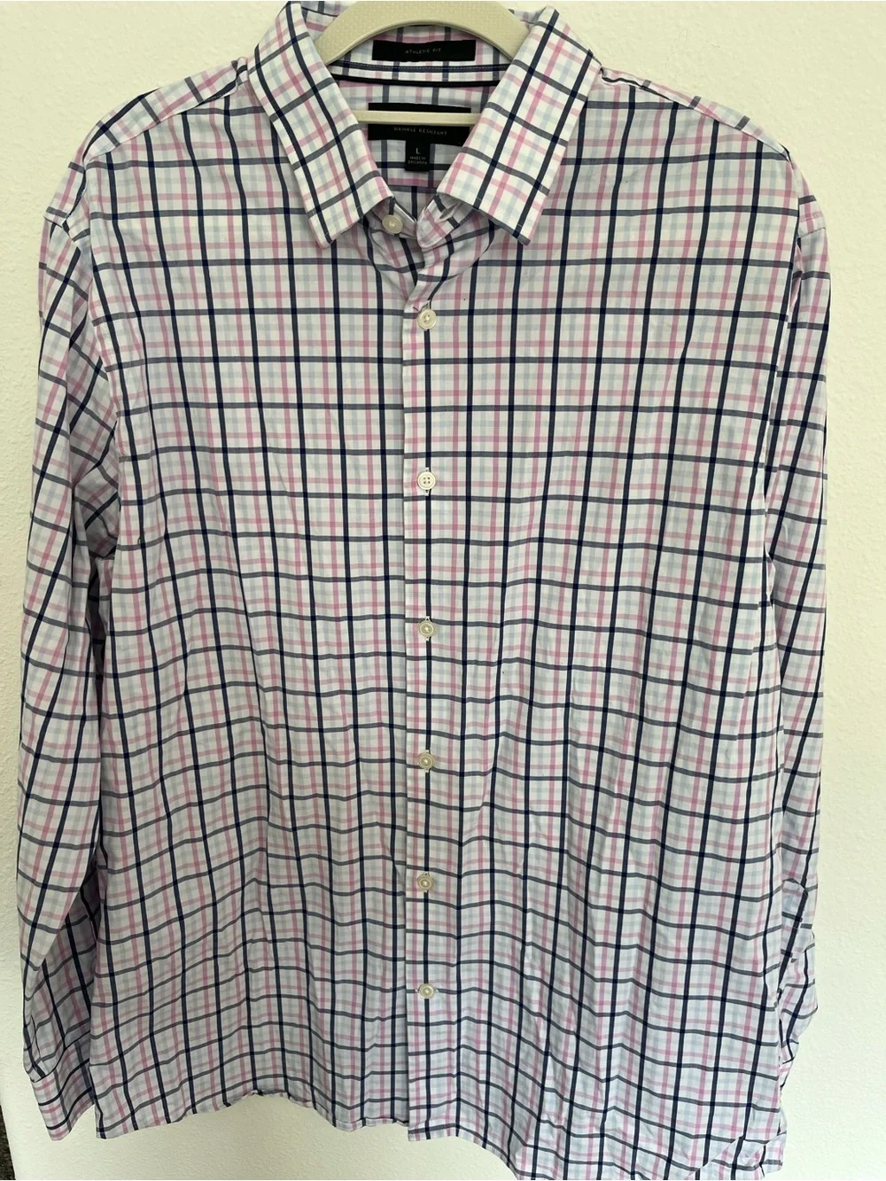 Banana Republic White Dress Shirt with Pink & Navy Windowpane